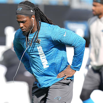 Aug 17, 2024; Charlotte, North Carolina, USA; Carolina Panthers wide receiver Diontae Johnson (5) warms up during pregame warm ups against the New York Jets at Bank of America Stadium.