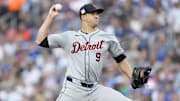 Jul 19, 2024; Toronto, Ontario, CAN; Detroit Tigers starting pitcher Jack Flaherty (9) pitches to the Toronto Blue Jays during the first inning at Rogers Centre.