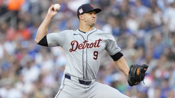 Jul 19, 2024; Toronto, Ontario, CAN; Detroit Tigers starting pitcher Jack Flaherty (9) pitches to the Toronto Blue Jays during the first inning at Rogers Centre.