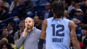 Dec 26, 2023; New Orleans, Louisiana, USA; Memphis Grizzlies head coach Taylor Jenkins gives direction to guard Ja Morant (12) during the first half against the New Orleans Pelicans at Smoothie King Center. Mandatory Credit: Stephen Lew-USA TODAY Sports