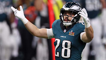 Philadelphia Eagles running back Will Shipley (28) reacts after a play against the Kansas City Chiefs during the first half of Super Bowl LIX at Caesars Superdome.