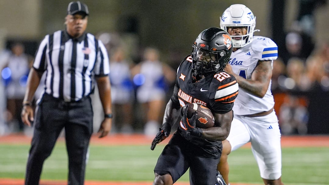 Oklahoma State running back Rodney Fields Jr. (20) runs the ball in the third quarter during an NCAA football game between Oklahoma State (OSU) and Tulsa at Boone Pickens Stadium in Stillwater, Okla., on Friday, Sept. 19, 2025.