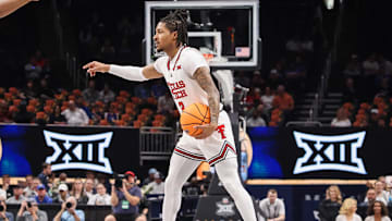 Mar 13, 2025; Kansas City, MO, USA; Texas Tech Red Raiders guard Elijah Hawkins (3) brings the ball up court during the first half against the Baylor Bears at T-Mobile Center. Mandatory Credit: William Purnell-Imagn Images