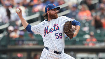 Aug 18, 2024; New York City, New York, USA; New York Mets starting pitcher Paul Blackburn (58) delivers a pitch during the first inning against the Miami Marlins at Citi Field. Mandatory Credit: Vincent Carchietta-Imagn Images