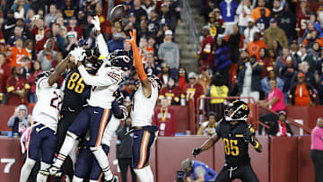 Oct 27, 2024; Landover, Maryland, USA; Washington Commanders wide receiver Noah Brown (85) prepares to catch a game-winnning Hail Mary pass on the final play of the game against the Chicago Bears at Northwest Stadium. Mandatory Credit: Geoff Burke-Imagn Images