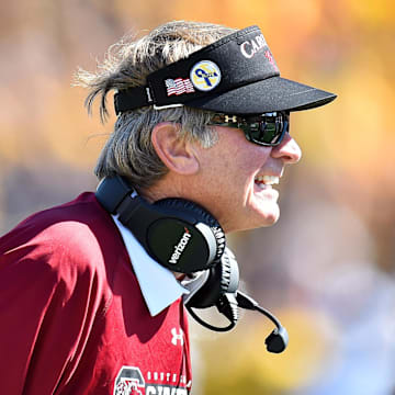 Oct 3, 2015; Columbia, MO, USA; South Carolina Gamecocks head coach Steve Spurrier reacts in the game against the Missouri Tigers during the first half at Faurot Field. Mandatory Credit: Jasen Vinlove-Imagn Images