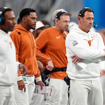Jan 1, 2025; Atlanta, GA, USA; Texas Longhorns head coach Steve Sarkisian looks on during the second half of the Peach Bowl at Mercedes-Benz Stadium. Mandatory Credit: Dale Zanine-Imagn Images