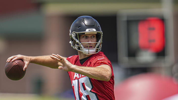 Jun 3, 2024; Atlanta, GA, USA; Atlanta Falcons quarterback Kirk Cousins (18) shown in action on the field during Falcons OTA at the Falcons Training facility. Mandatory Credit: Dale Zanine-USA TODAY Sports