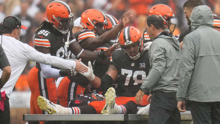 Cleveland Browns offensive tackle Jack Conklin (78) is carted off the field with an injury in the second quarter of the NFL Week 1 game between the Cleveland Browns and the Cincinnati Bengals at FirstEnergy Stadium in downtown Cleveland on Sunday, Sept. 10, 2023. The Browns led 10-0 at halftime.