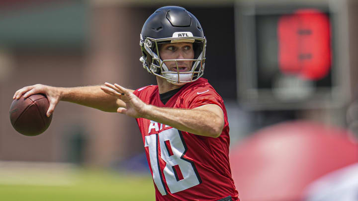 Jun 3, 2024; Atlanta, GA, USA; Atlanta Falcons quarterback Kirk Cousins (18) shown in action on the field during Falcons OTA at the Falcons Training facility. Mandatory Credit: Dale Zanine-USA TODAY Sports