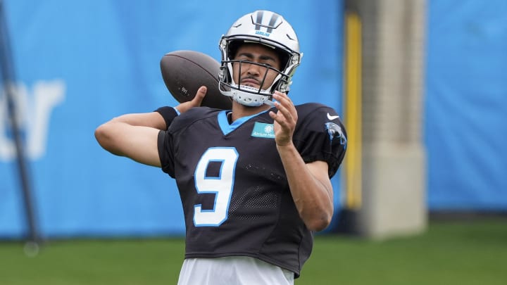 Jul 30, 2024; Charlotte, NC, USA; Carolina Panthers quarterback Bryce Young (9) throws during training camp at Carolina Panthers Practice Fields. Mandatory Credit: Jim Dedmon-USA TODAY Sports