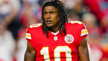 Oct 12, 2025; Kansas City, Missouri, USA; Kansas City Chiefs running back Isiah Pacheco (10) warms up prior to a game against the Detroit Lions at GEHA Field at Arrowhead Stadium.