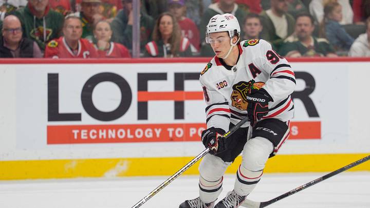 Mar 19, 2026; Saint Paul, Minnesota, USA; Chicago Blackhawks center Connor Bedard (98) controls the puck against the Minnesota Wild in the second period at Grand Casino Arena. Mandatory Credit: Matt Blewett-Imagn Images