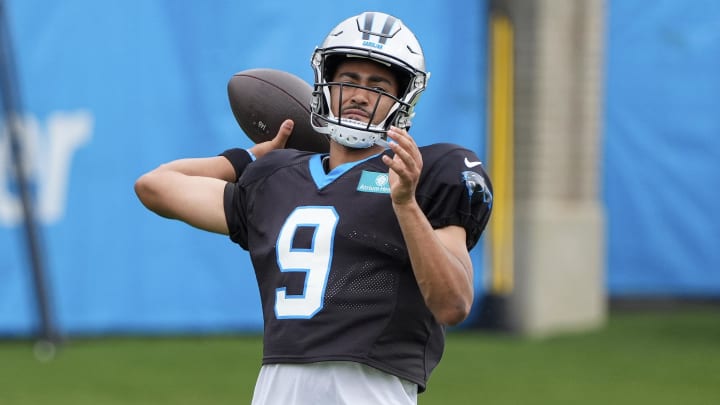 Jul 30, 2024; Charlotte, NC, USA; Carolina Panthers quarterback Bryce Young (9) throws during training camp at Carolina Panthers Practice Fields. Mandatory Credit: Jim Dedmon-USA TODAY Sports