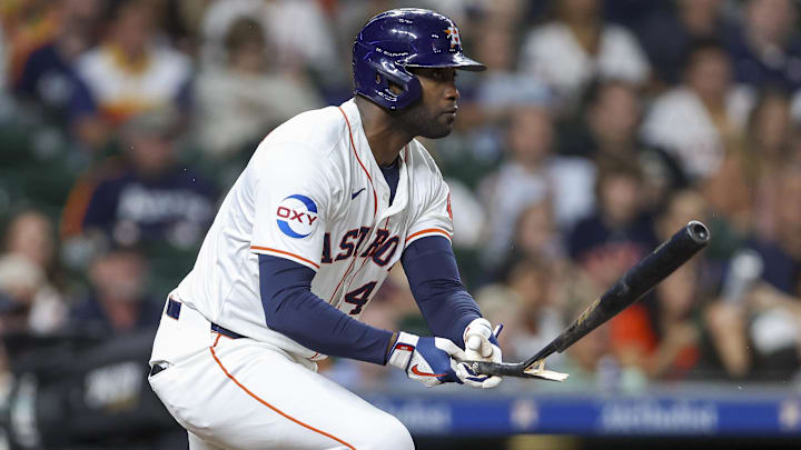 Sep 11, 2024; Houston, Texas, USA; Houston Astros designated hitter Yordan Alvarez (44) breaks his bat on a single during the third inning against the Oakland Athletics at Minute Maid Park.