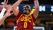 USC Trojans forward Saint Thomas (0) looks to shoot during the second half of their exhibition game at Acrisure Arena in Palm Desert, Calif., Saturday, Oct. 26, 2024.