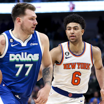 Dec 27, 2022; Dallas, Texas, USA;  Dallas Mavericks guard Luka Doncic (77) drives to the basket past New York Knicks guard Quentin Grimes (6) during the second half at American Airlines Center. Mandatory Credit: Kevin Jairaj-Imagn Images