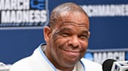 Mar 20, 2025; Milwaukee, WI, USA;  North Carolina Tar Heels head coach Hubert Davis speaks at press conference during NCAA Tournament First Round Practice at Fiserv Forum. Mandatory Credit: Benny Sieu-Imagn Images