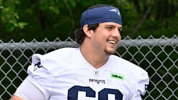 Jun 9, 2025; Foxborough, MA, USA; New England Patriots offensive tackle Will Campbell (66) jogs to the practice fields at Gillette Stadium. Mandatory Credit: Eric Canha-Imagn Images