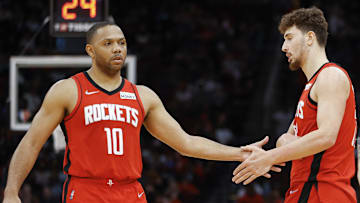 Houston Rockets center Alperen Sengun (28) reacts with guard Eric Gordon (10) during the fourth quarter against the Memphis Grizzlies at Toyota Center.