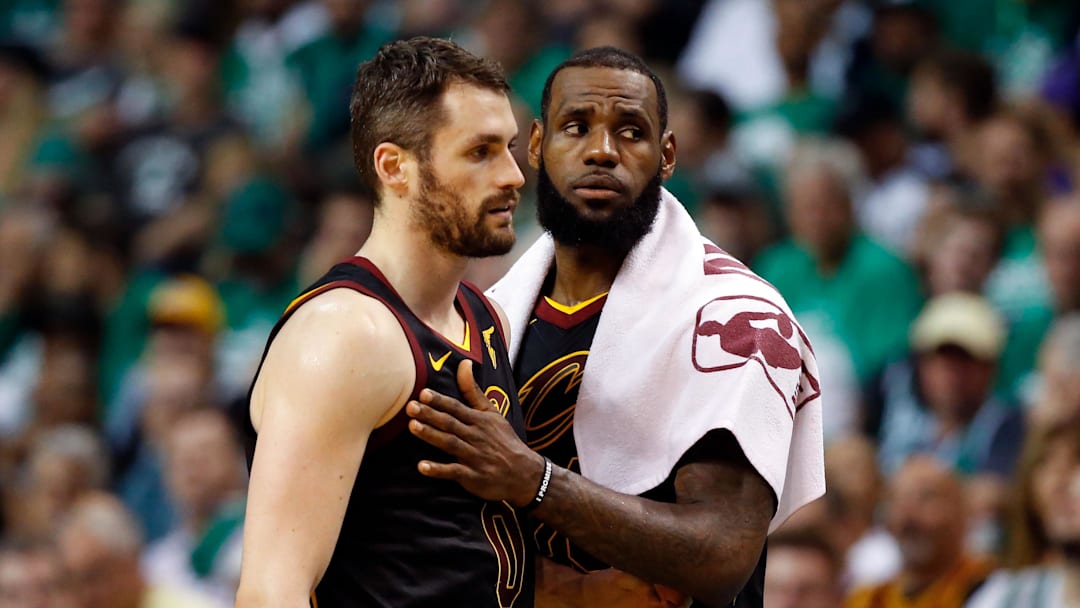 May 23, 2018; Boston, MA, USA; Cleveland Cavaliers center Kevin Love (0) and forward LeBron James (23) talk during the second quarter of game five against the Boston Celtics in the Eastern conference finals of the 2018 NBA Playoffs at TD Garden. Mandatory Credit: Winslow Townson-Imagn Images May 23, 2018; Boston, MA, USA; Cleveland Cavaliers center Kevin Love (0) and forward LeBron James (23) talk during the second quarter of game five against the Boston Celtics in the Eastern conference finals of the 2018 NBA Playoffs at TD Garden. Mandatory Credit: Winslow Townson-Imagn Images