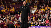 Dec 29, 2024; Minneapolis, Minnesota, USA; Minnesota Golden Gophers head coach Ben Johnson looks on during the first half against the Morgan State Bears at Williams Arena. Mandatory Credit: Matt Krohn-Imagn Images