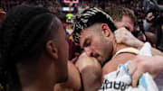 Jan 16, 2025; Minneapolis, Minnesota, USA; Minnesota Golden Gophers forward Dawson Garcia (3) celebrates his teams win after the game against the Michigan Wolverines at Williams Arena. Mandatory Credit: Matt Krohn-Imagn Images