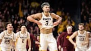 Jan 16, 2025; Minneapolis, Minnesota, USA; Minnesota Golden Gophers forward Dawson Garcia (3) celebrates his game winning three-point basket against the Michigan Wolverines after the game at Williams Arena. Mandatory Credit: Matt Krohn-Imagn Images