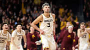 Jan 16, 2025; Minneapolis, Minnesota, USA; Minnesota Golden Gophers forward Dawson Garcia (3) celebrates his game winning three-point basket against the Michigan Wolverines after the game at Williams Arena. Mandatory Credit: Matt Krohn-Imagn Images