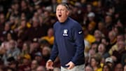 Penn State Nittany Lions head coach Mike Rhoades reacts during the first half of a Big Ten men's basketball game. 