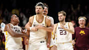 Minnesota Golden Gophers forward Dawson Garcia celebrates his game-winning three-point basket against Michigan.