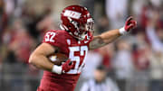 Sep 20, 2024; Pullman, Washington, USA; Washington State Cougars linebacker Kyle Thornton (52) celebrate after a play against the San Jose State Spartans in the second half at Gesa Field at Martin Stadium. Mandatory Credit: James Snook-Imagn Images