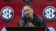 Oct 19, 2023; Birmingham, AL, USA; South Carolina Gamecocks head coach Dawn Staley talks with the media during the SEC Basketball Tipoff at Grand Bohemian Hotel Mountain Brook. Mandatory Credit: Vasha Hunt-Imagn Images