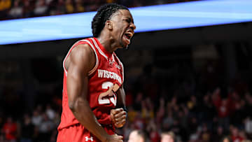 Mar 5, 2025; Minneapolis, Minnesota, USA; Wisconsin Badgers guard John Blackwell (25) celebrates his basket against the Minnesota Golden Gophers during the second half at Williams Arena. Mandatory Credit: Matt Krohn-Imagn Images