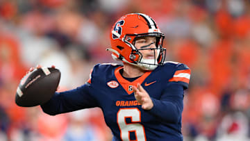 Sep 20, 2024; Syracuse, New York, USA; Syracuse Orange quarterback Kyle McCord (6) passes against the Stanford Cardinal during the first half at the JMA Wireless Dome. Mandatory Credit: Rich Barnes-Imagn Images