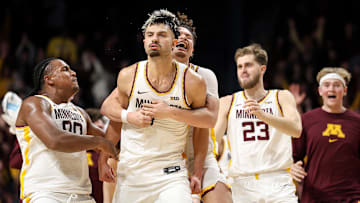 Jan 16, 2025; Minneapolis, Minnesota, USA; Minnesota Golden Gophers forward Dawson Garcia (3) celebrates his game winning three-point basket against the Michigan Wolverines after the game at Williams Arena. Mandatory Credit: Matt Krohn-Imagn Images