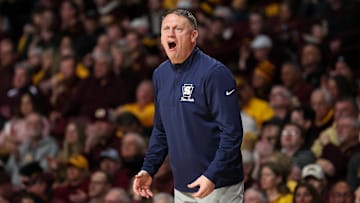 Penn State Nittany Lions head coach Mike Rhoades reacts during the first half of a Big Ten men's basketball game. 