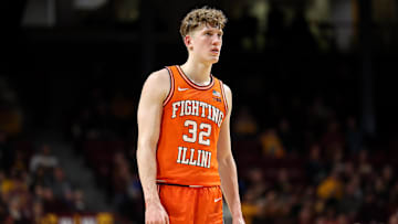 Feb 8, 2025; Minneapolis, Minnesota, USA; Illinois Fighting Illini guard Kasparas Jakucionis (32) looks on during the second half against the Minnesota Golden Gophers at Williams Arena. Mandatory Credit: Matt Krohn-Imagn Images
