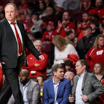 Mar 5, 2025; Minneapolis, Minnesota, USA; Wisconsin Badgers head coach Greg Gard looks on during the second half against the Minnesota Golden Gophers at Williams Arena. Mandatory Credit: Matt Krohn-Imagn Images