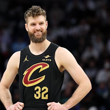 Jan 18, 2025; Minneapolis, Minnesota, USA; Cleveland Cavaliers forward Dean Wade (32) looks on during the fourth quarter against the Minnesota Timberwolves at Target Center. Mandatory Credit: Matt Krohn-Imagn Images