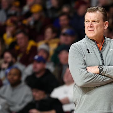 Feb 8, 2025; Minneapolis, Minnesota, USA; Illinois Fighting Illini head coach Brad Underwood looks on during the first half against the Minnesota Golden Gophers at Williams Arena. Mandatory Credit: Matt Krohn-Imagn Images