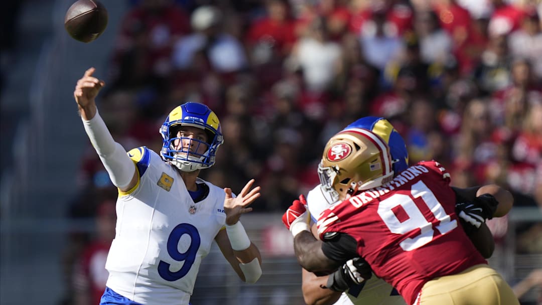 Rams quarterback Matthew Stafford throws a pass during the first quarter against the 49ers at Levi's Stadium.