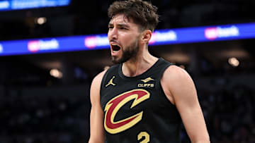 Jan 18, 2025; Minneapolis, Minnesota, USA; Cleveland Cavaliers guard Ty Jerome (2) celebrates his basket during the third quarter against the Minnesota Timberwolves at Target Center. Mandatory Credit: Matt Krohn-Imagn Images