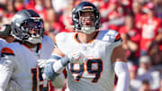 Nov 10, 2024; Kansas City, Missouri, USA; Denver Broncos defensive end Zach Allen (99) celebrates after a play against the Kansas City Chiefs during the game at GEHA Field at Arrowhead Stadium. 