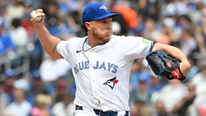 Jun 6, 2024; Toronto, Ontario, CAN;   Toronto Blue Jays relief pitcher Nate Pearson (24) delivers a pitch against the Baltimore Orioles in the seventh inning at Rogers Centre