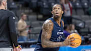 Mar 15, 2023; Birmingham, AL, USA; West Virginia Mountaineers forward Jimmy Bell Jr. (15) works out during practice at Legacy Arena. Mandatory Credit: Vasha Hunt-Imagn Images