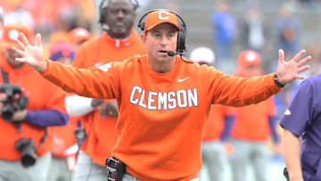 Nov 16, 2024; Pittsburgh, Pennsylvania, USA; Clemson Tigers head coach Dabo Swinney reacts to a Tigers penalty against the Pittsburgh Panthers during the first quarter at Acrisure Stadium.