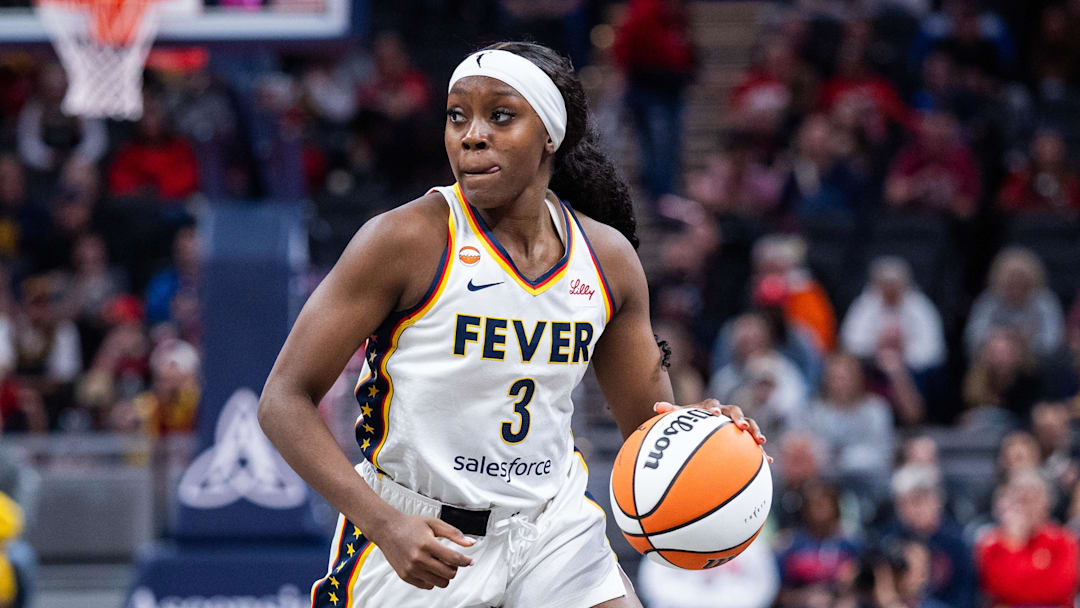 Apr 30, 2026; Indianapolis, IN, USA; Indiana Fever guard Raven Johnson (3) dribbles the ball  in the second half against the Dallas Wings at the Gainbridge Fieldhouse. Mandatory Credit: Trevor Ruszkowski-Imagn Images