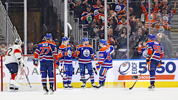 The Edmonton Oilers celebrate a goal scored by forward Connor Brown (28)