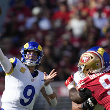 Nov 9, 2025; Santa Clara, California, USA; Los Angeles Rams quarterback Matthew Stafford (9) throws a pass during the first quarter against the San Francisco 49ers at Levi's Stadium. Mandatory Credit: Kyle Terada-Imagn Images